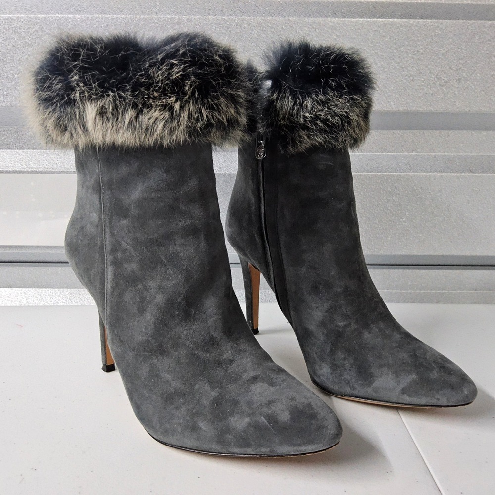 Antonio Melani Suede‎ Ankle Boots Fur Trim Stiletto Heel Gray Size 7M